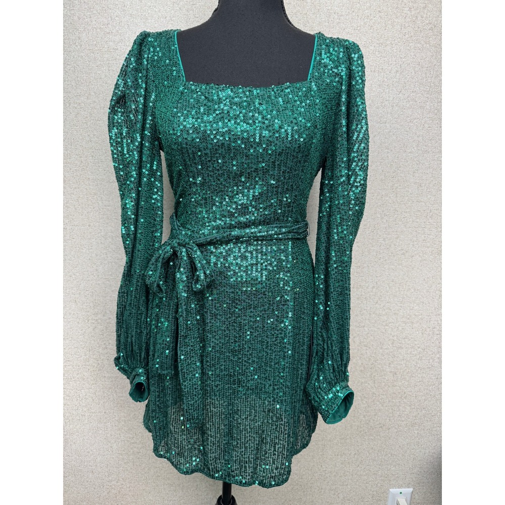 Lulus Emerald Green Sequin Mini Dress NWT Long Puff Sleeve Square Neck Belted-S
